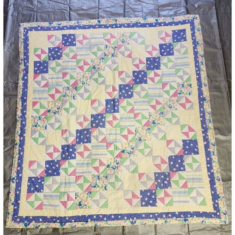 VTG 90s Pastel Cutter Quilt *READ* Handmade Uncut Thread Worn Blue Yellow Red